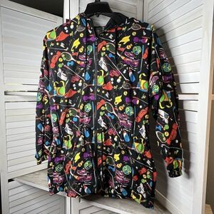 Vintage 80-90s Lavon Sport Windbreaker Jacket Hooded Sports Theme Nylon Blk EUC!